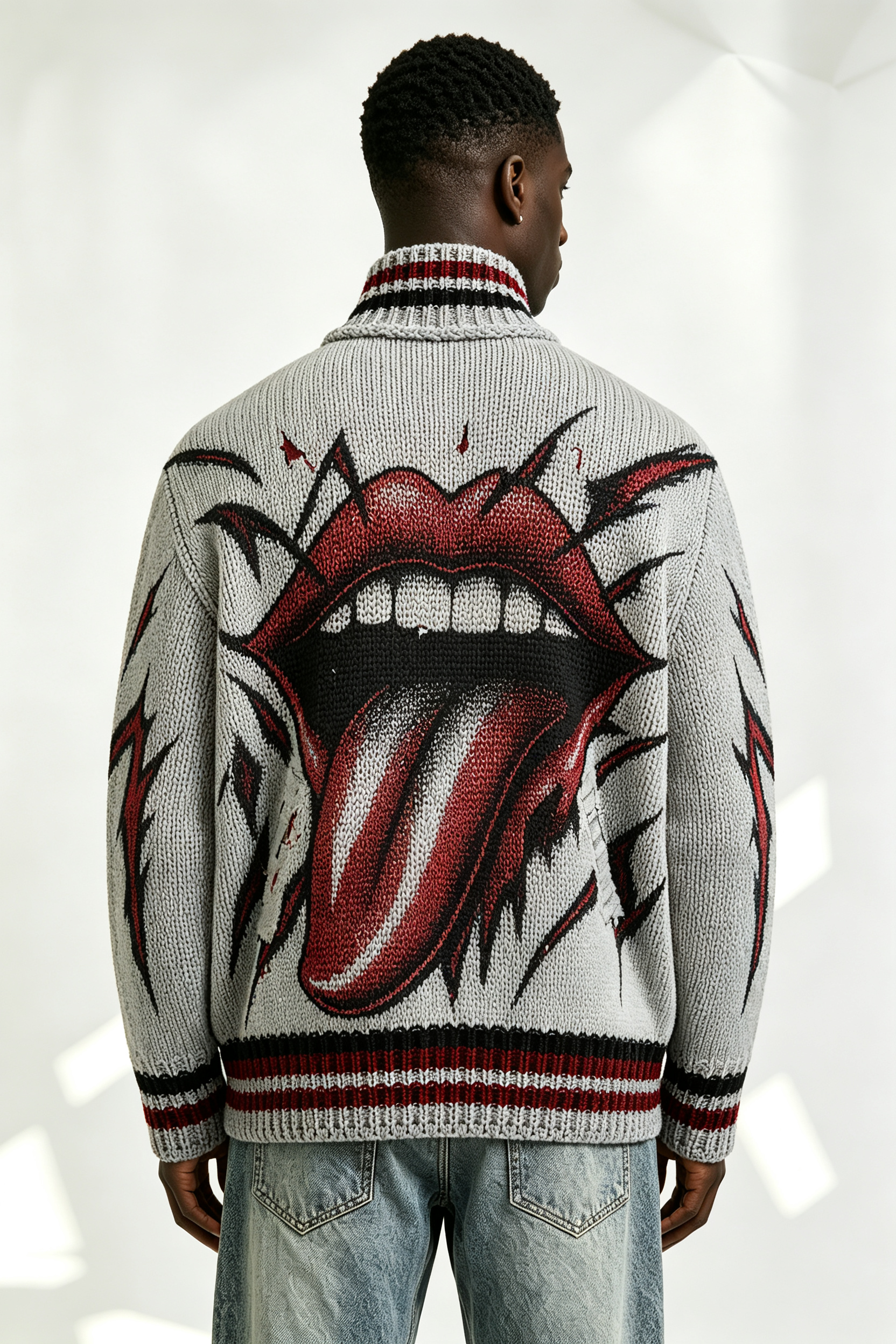 Custom Grey Chunky Knit Half Zip Sweater with Big Mouth Tongue Jacquard | Men Retro Punk Streetwear Pullover