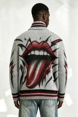 Custom Grey Chunky Knit Half Zip Sweater with Big Mouth Tongue Jacquard | Men Retro Punk Streetwear Pullover
