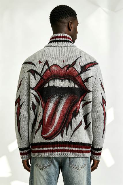 Custom Grey Chunky Knit Half Zip Sweater with Big Mouth Tongue Jacquard | Men Retro Punk Streetwear Pullover