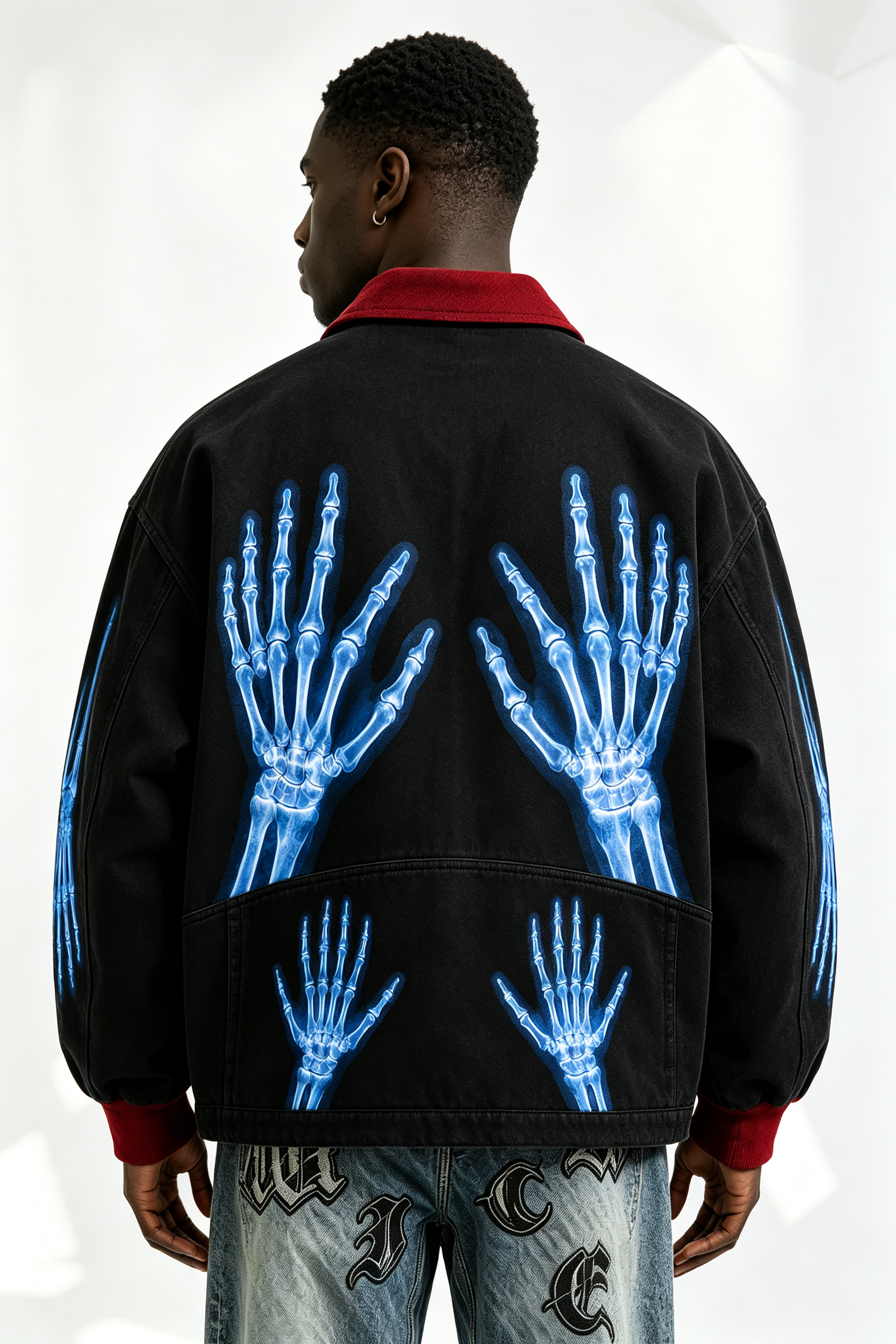 Custom Black Work Jacket with Red Contrast Collar & Blue X-Ray Skeleton Hand Print | Men Gothic Streetwear Zip Canvas Jacket