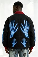 Custom Black Work Jacket with Red Contrast Collar & Blue X-Ray Skeleton Hand Print | Men Gothic Streetwear Zip Canvas Jacket