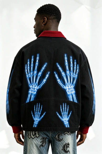 Custom Black Work Jacket with Red Contrast Collar & Blue X-Ray Skeleton Hand Print | Men Gothic Streetwear Zip Canvas Jacket