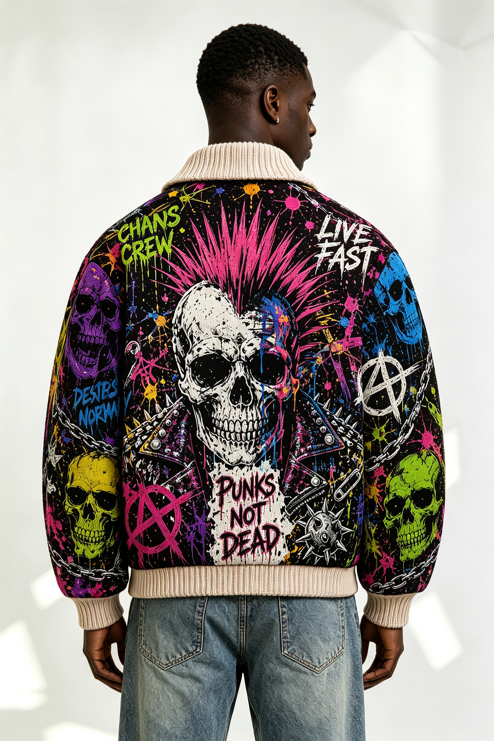 Custom Multicolor Skull Graffiti Tapestry Jacquard Zip Bomber Jacket | Men Punk "Chaos Crew" Streetwear Outerwear