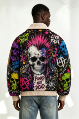 Custom Multicolor Skull Graffiti Tapestry Jacquard Zip Bomber Jacket | Men Punk "Chaos Crew" Streetwear Outerwear