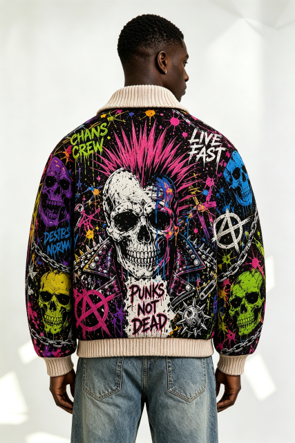 Custom Multicolor Skull Graffiti Tapestry Jacquard Zip Bomber Jacket | Men Punk "Chaos Crew" Streetwear Outerwear