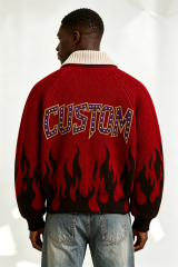 Custom Red Full Zip Knit Jacket with Black Flame Jacquard | Men Y2K Streetwear Boxy Knitted Outerwear