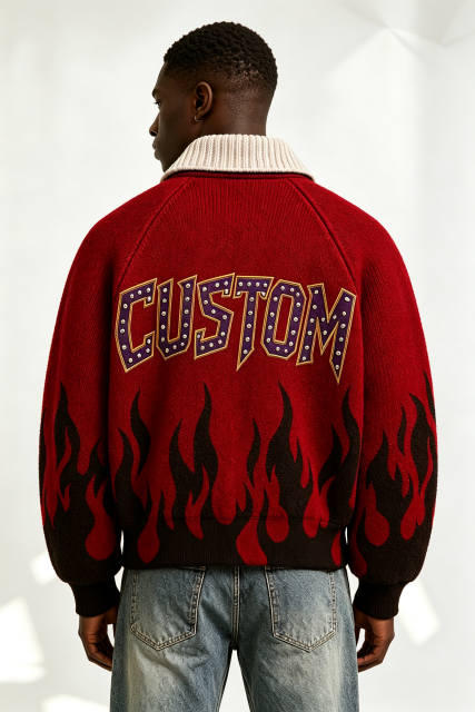 Custom Red Full Zip Knit Jacket with Black Flame Jacquard | Men Y2K Streetwear Boxy Knitted Outerwear