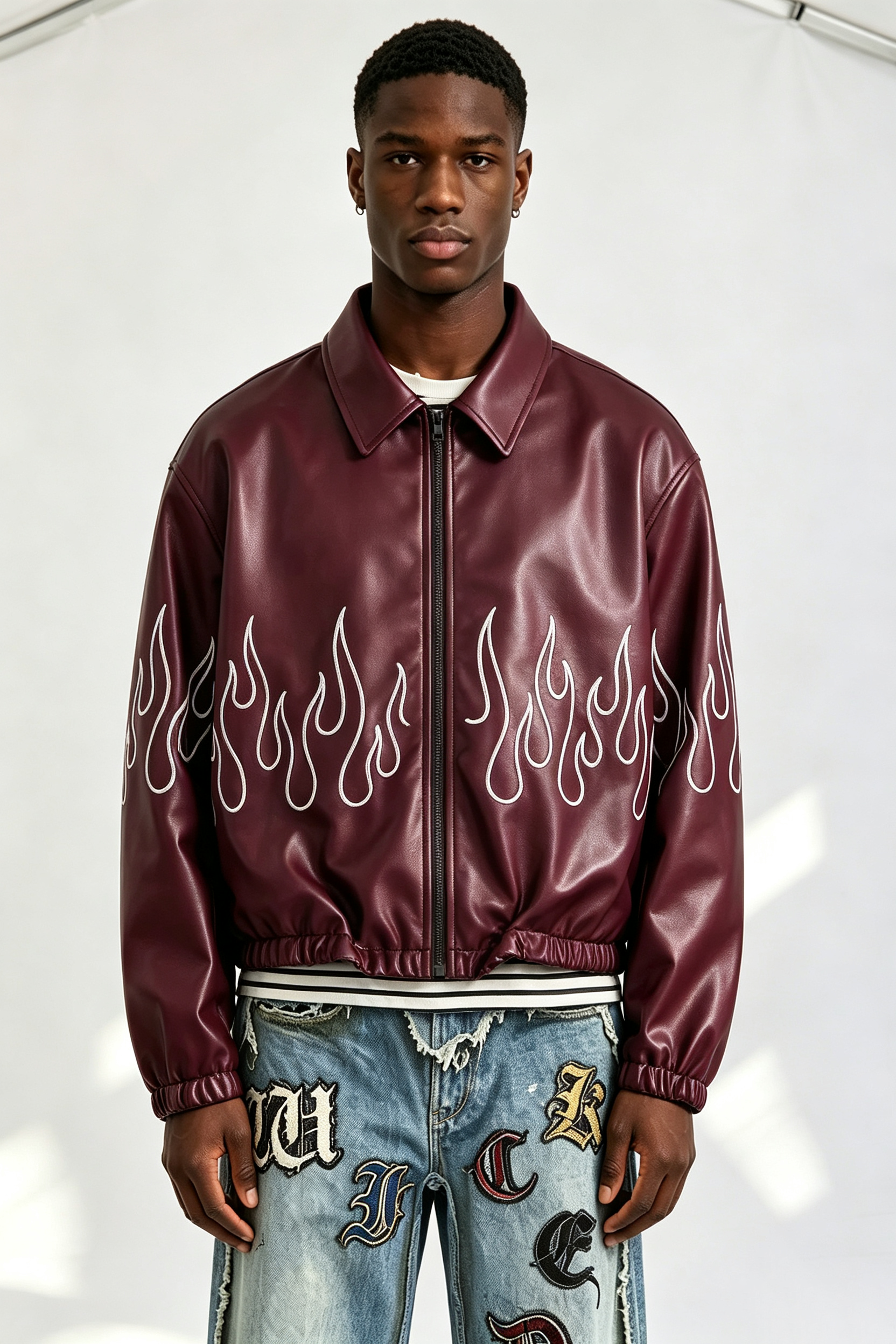 Custom Burgundy Faux Leather Flame Outline Embroidered Zip Jacket | Men Oversized Cropped Streetwear Bomber