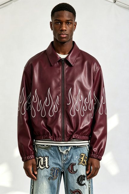 Custom Burgundy Faux Leather Flame Outline Embroidered Zip Jacket | Men Oversized Cropped Streetwear Bomber