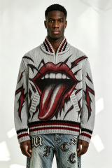 Custom Grey Chunky Knit Half Zip Sweater with Big Mouth Tongue Jacquard | Men Retro Punk Streetwear Pullover