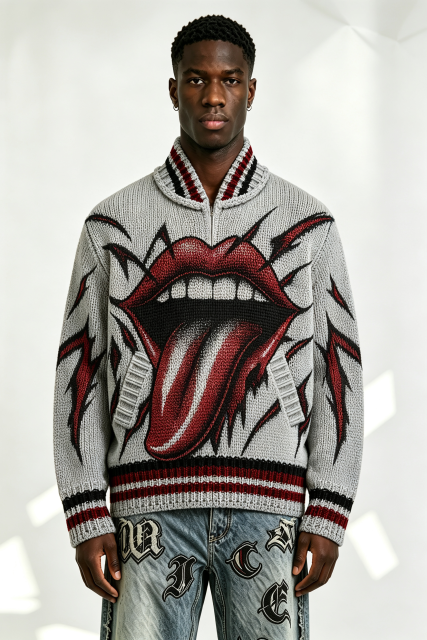 Custom Grey Chunky Knit Half Zip Sweater with Big Mouth Tongue Jacquard | Men Retro Punk Streetwear Pullover