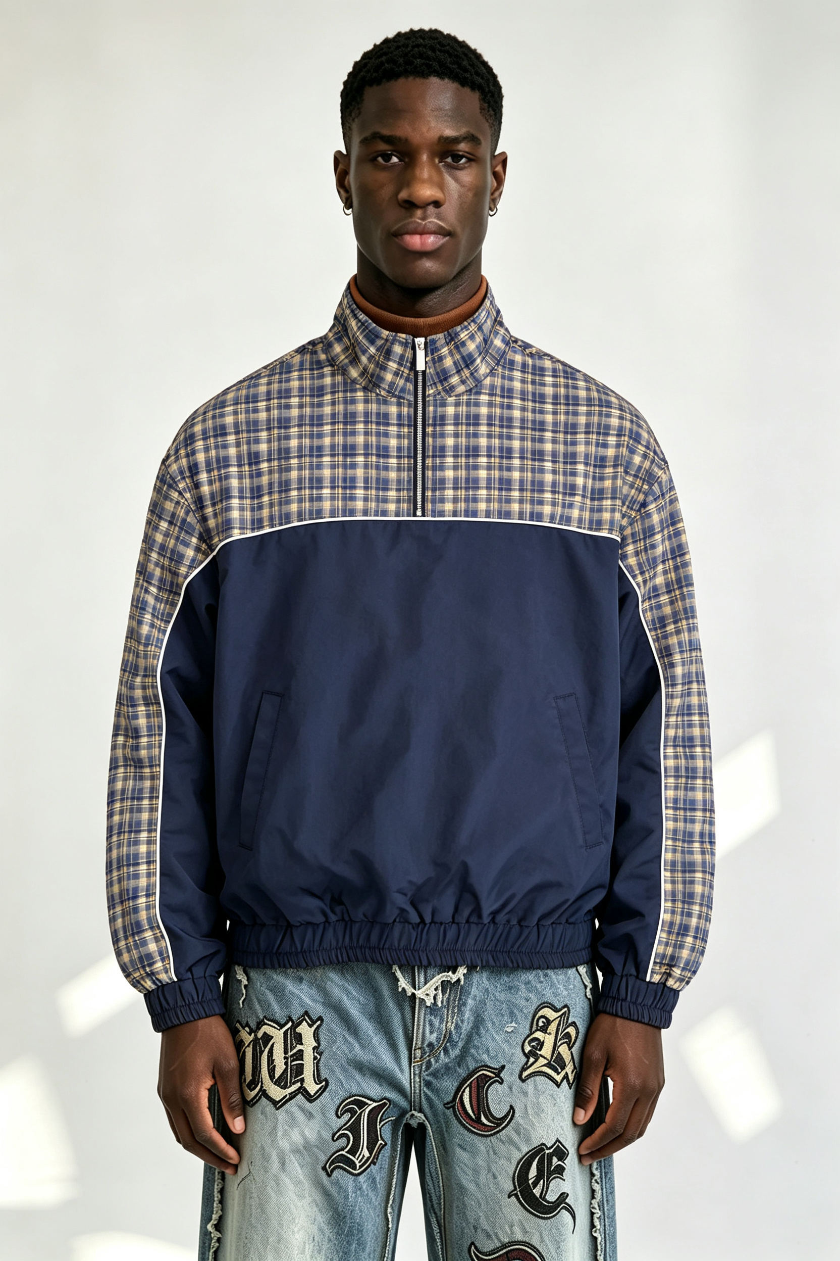 Custom Navy Blue Yellow Plaid Panel Half Zip Windbreaker Jacket | Men Retro Stand Collar Oversized Streetwear Pullover
