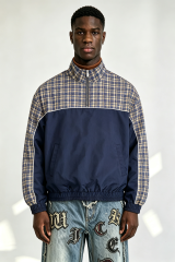 Custom Navy Blue Yellow Plaid Panel Half Zip Windbreaker Jacket | Men Retro Stand Collar Oversized Streetwear Pullover
