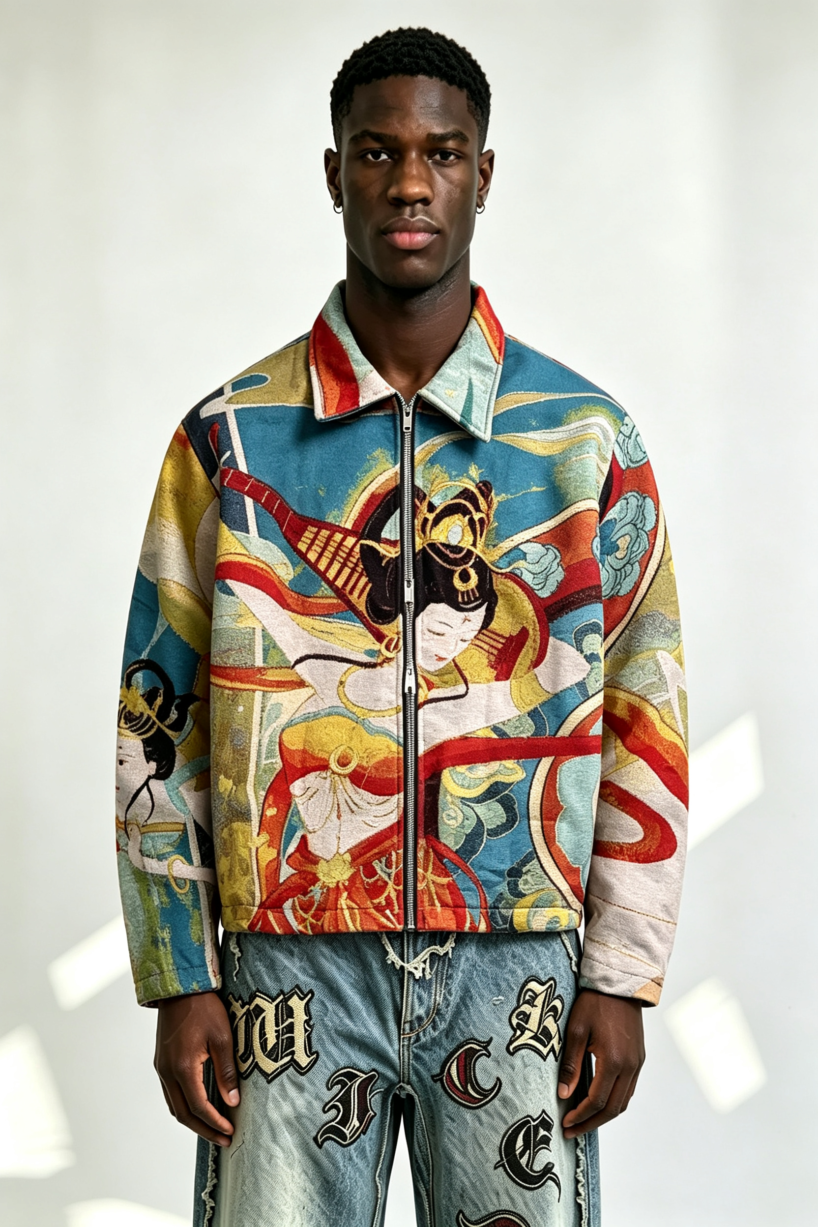Custom Dunhuang Flying Apsaras Tapestry Jacquard Zip Jacket | Men Full Graphic Woven Art Streetwear Collared Jacket
