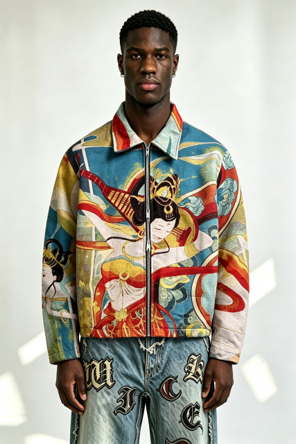 Custom Dunhuang Flying Apsaras Tapestry Jacquard Zip Jacket | Men Full Graphic Woven Art Streetwear Collared Jacket