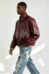 Custom Burgundy Faux Leather Flame Outline Embroidered Zip Jacket | Men Oversized Cropped Streetwear Bomber