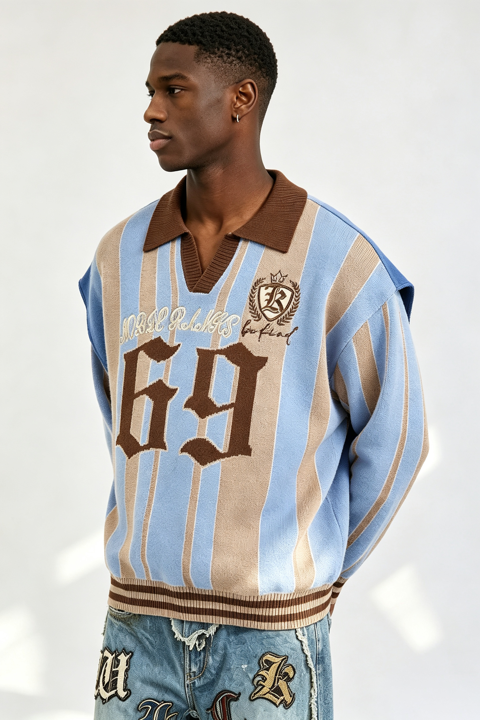 Custom Retro Striped Polo Collar Knit Sweater | Men Gothic Number 69 Crest Embroidered Oversized Streetwear Jumper