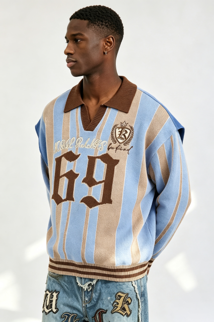 Custom Retro Striped Polo Collar Knit Sweater | Men Gothic Number 69 Crest Embroidered Oversized Streetwear Jumper