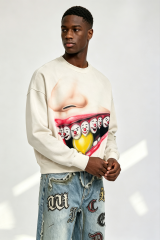 Custom Off White Crewneck Sweatshirt | Men Oversized Cropped Raglan Sleeve Clown Mouth Graphic Print Streetwear Jumper
