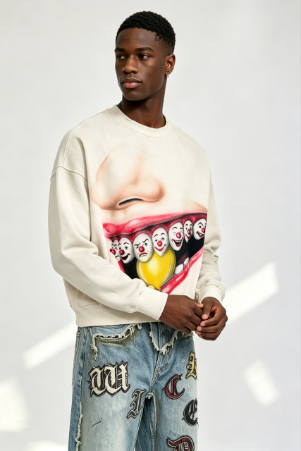 Custom Off White Crewneck Sweatshirt | Men Oversized Cropped Raglan Sleeve Clown Mouth Graphic Print Streetwear Jumper