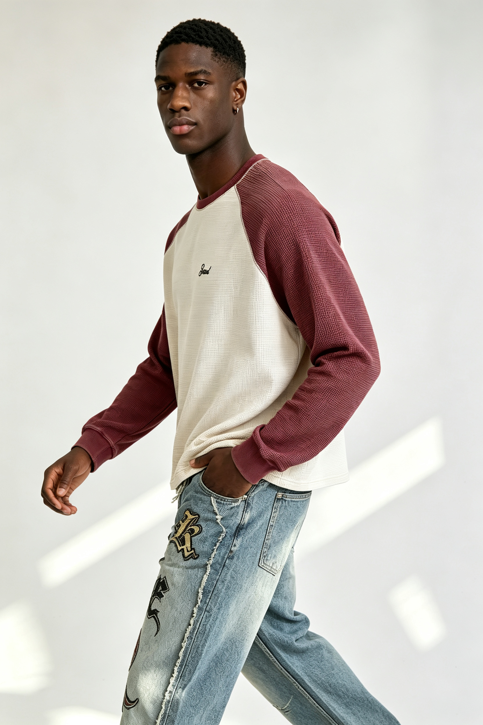 Custom Burgundy Off White Waffle Raglan Long Sleeve Tee | Men Cropped Boxy Vintage Embroidered Streetwear Top