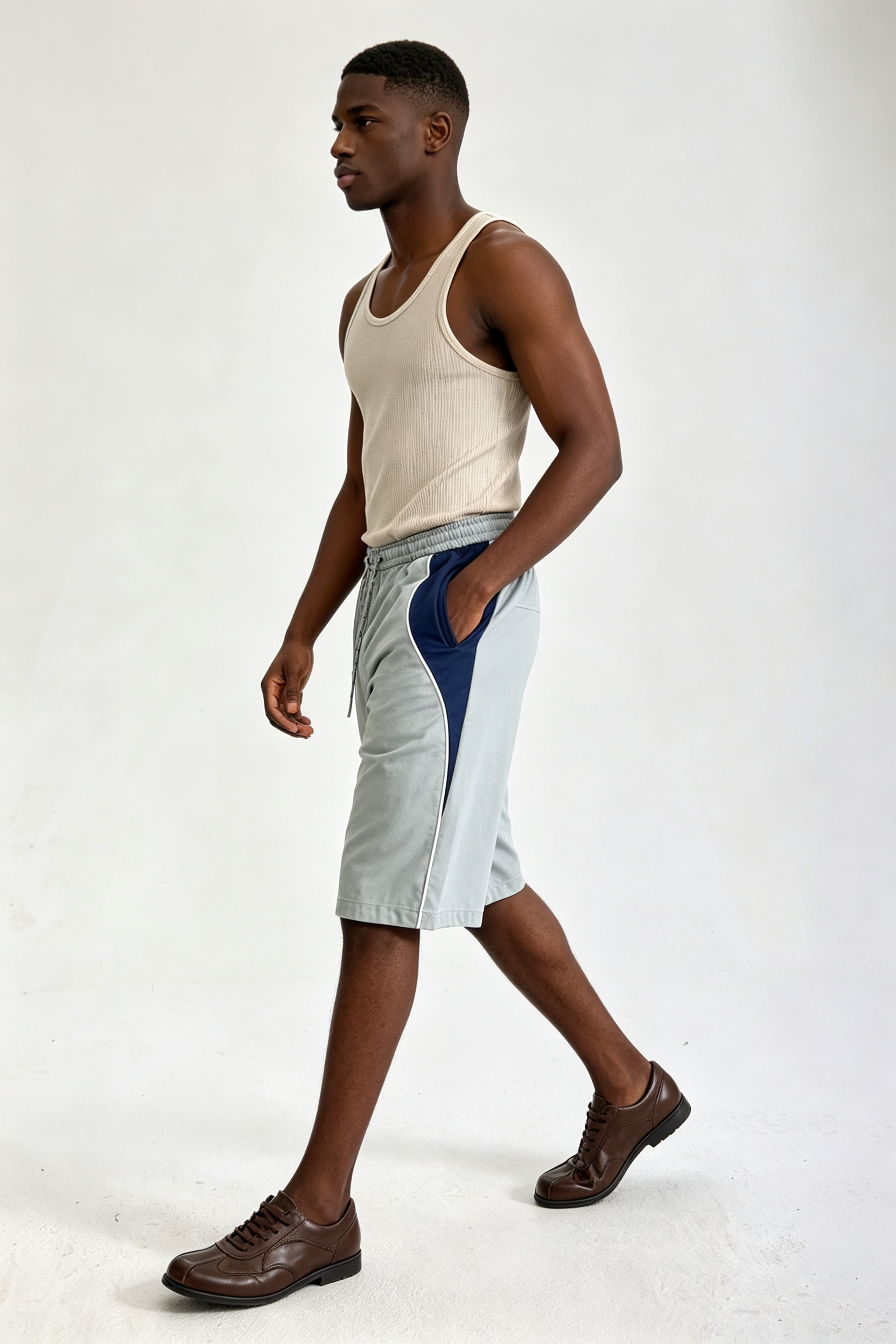Custom Grey Navy Color Block Side Panel Drawstring Knee Length Shorts | Men Relaxed Wide Leg Streetwear Sports Shorts