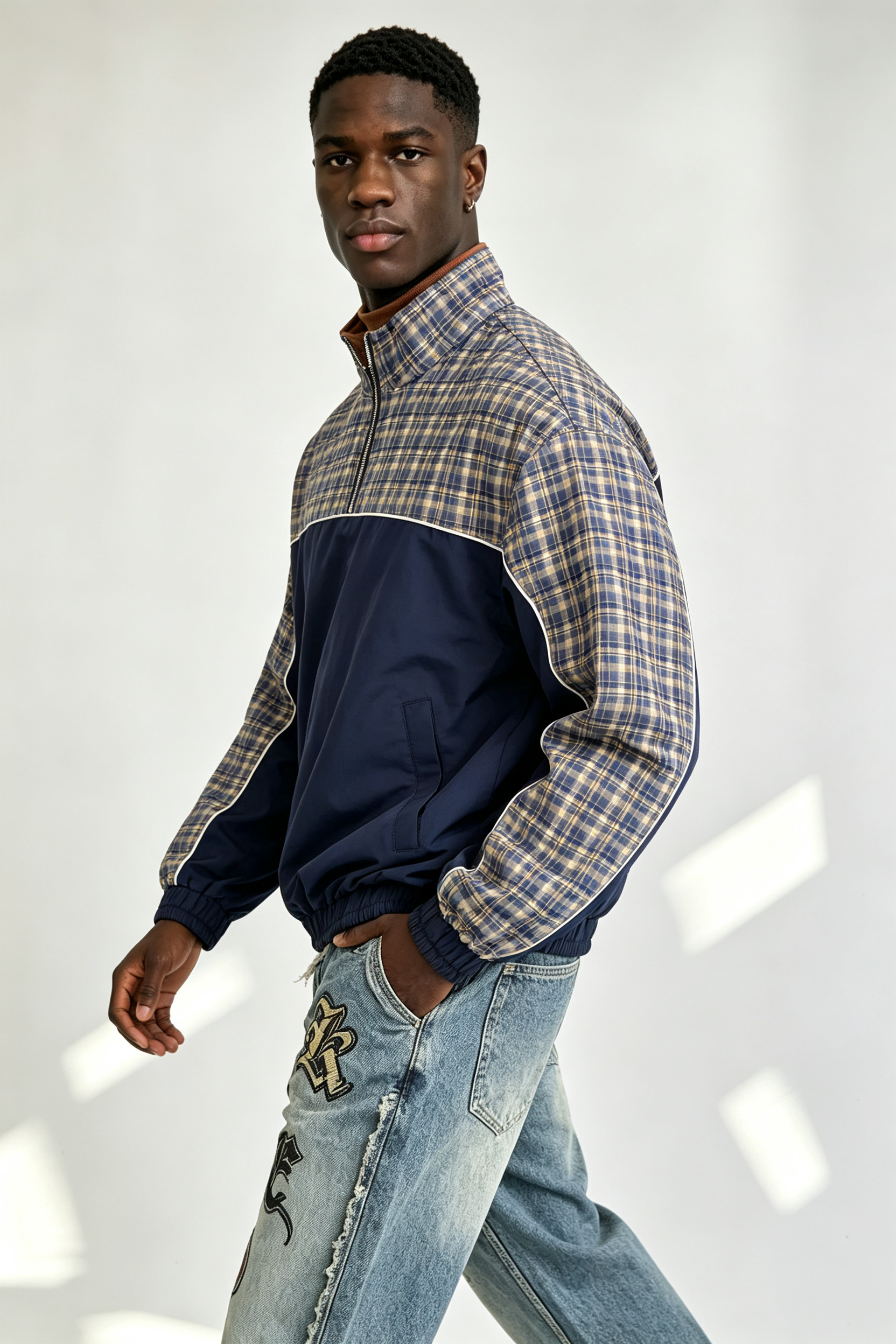 Custom Navy Blue Yellow Plaid Panel Half Zip Windbreaker Jacket | Men Retro Stand Collar Oversized Streetwear Pullover