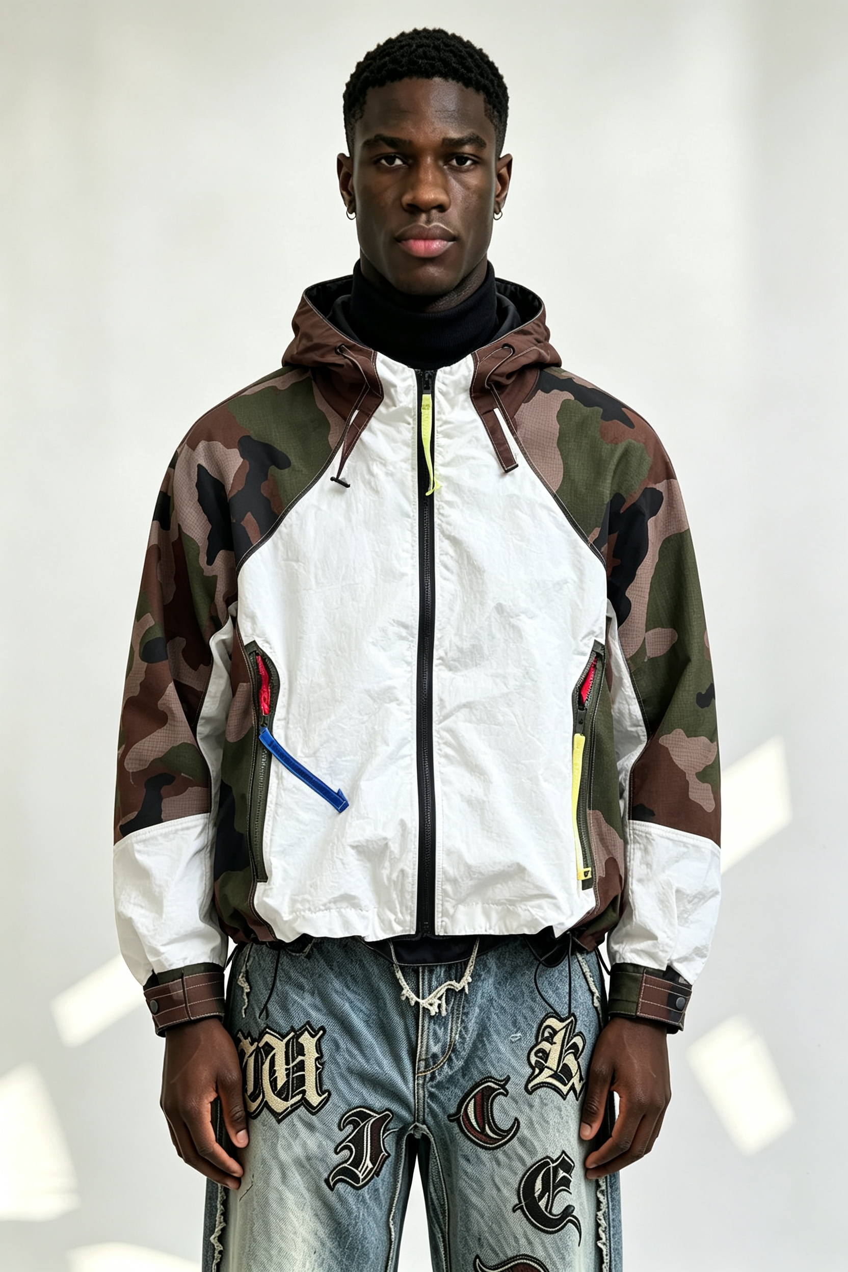 Custom Camo Off-White Color Block Hooded Windbreaker Jacket | Men Neon Zipper Accents Technical Streetwear Anorak
