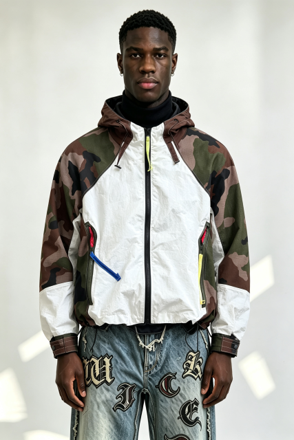 Custom Camo Off-White Color Block Hooded Windbreaker Jacket | Men Neon Zipper Accents Technical Streetwear Anorak