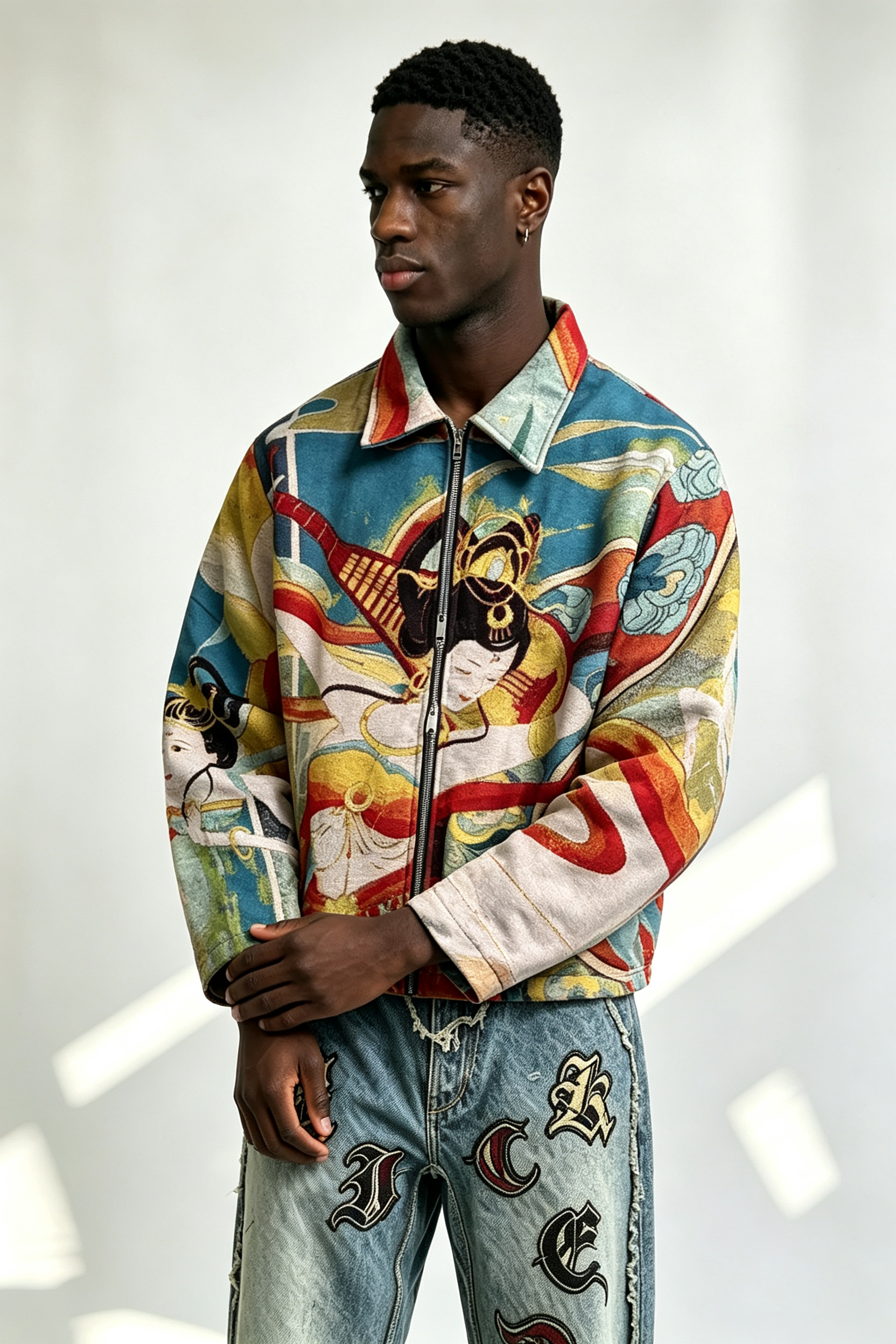 Custom Dunhuang Flying Apsaras Tapestry Jacquard Zip Jacket | Men Full Graphic Woven Art Streetwear Collared Jacket