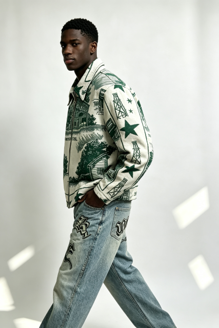 Custom El Monte Motel Green Scenic Tapestry Jacquard Zip Jacket | Men Vintage Townscape Woven Graphic Collared Streetwear Jacket