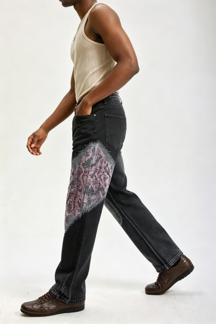 Custom Black Flare Jeans with Pixel Gradient Snake Print | Men Retro Wide Leg Streetwear Graphic Denim Pants