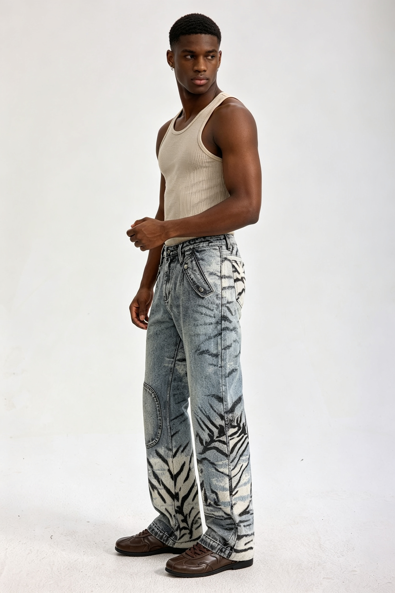 Custom Acid Wash Ink Mountain Landscape Print Wide Leg Jeans | Men Faded Vintage Streetwear Denim Pants