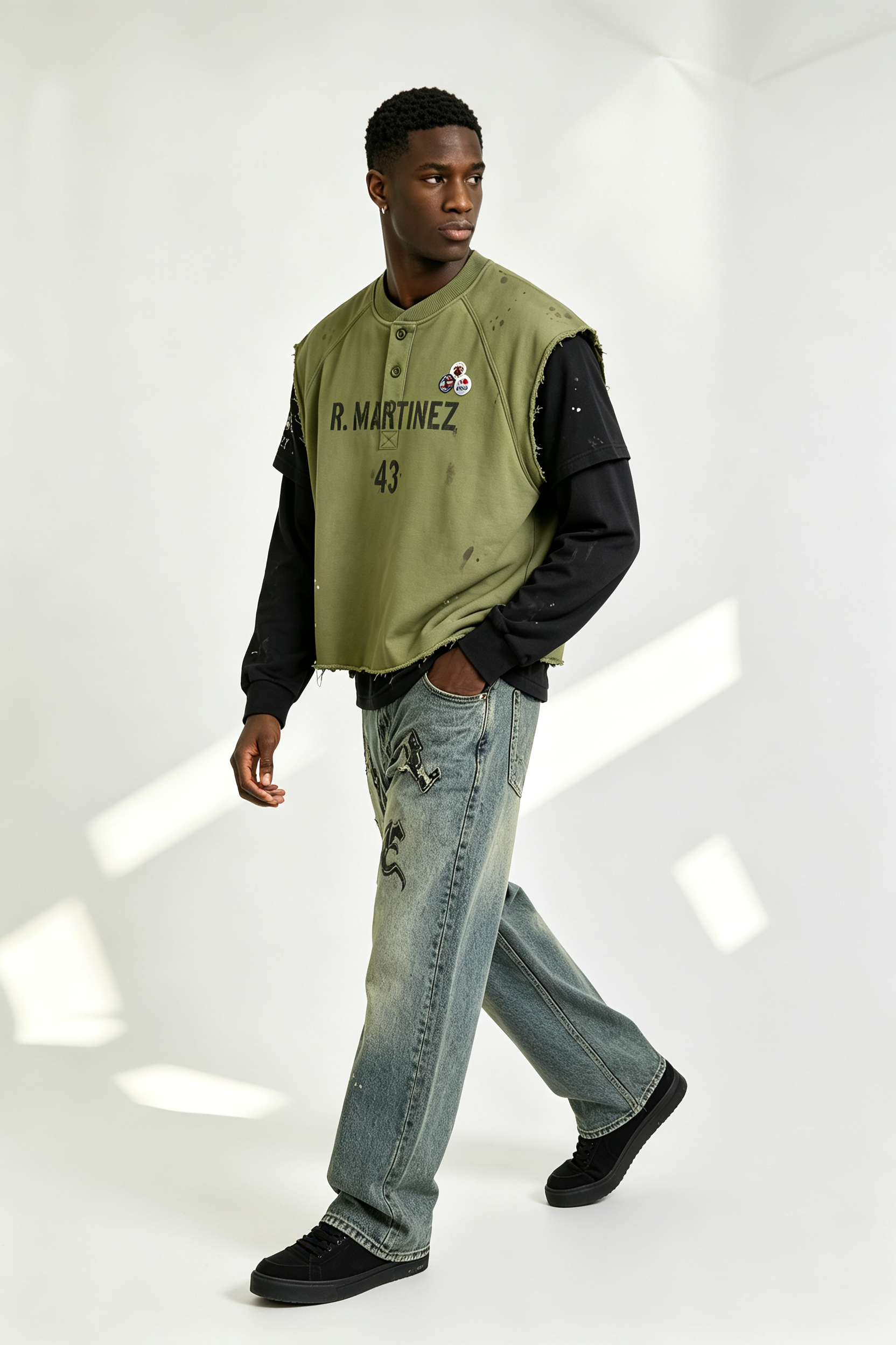 Custom R. Martinez 43 Layered Look Paint Splatter Henley Vest Over Long Sleeve Tee | Men Distressed Streetwear 2-in-1 Top