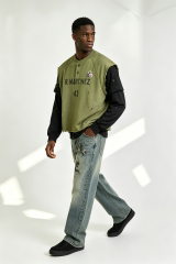 Custom R. Martinez 43 Layered Look Paint Splatter Henley Vest Over Long Sleeve Tee | Men Distressed Streetwear 2-in-1 Top