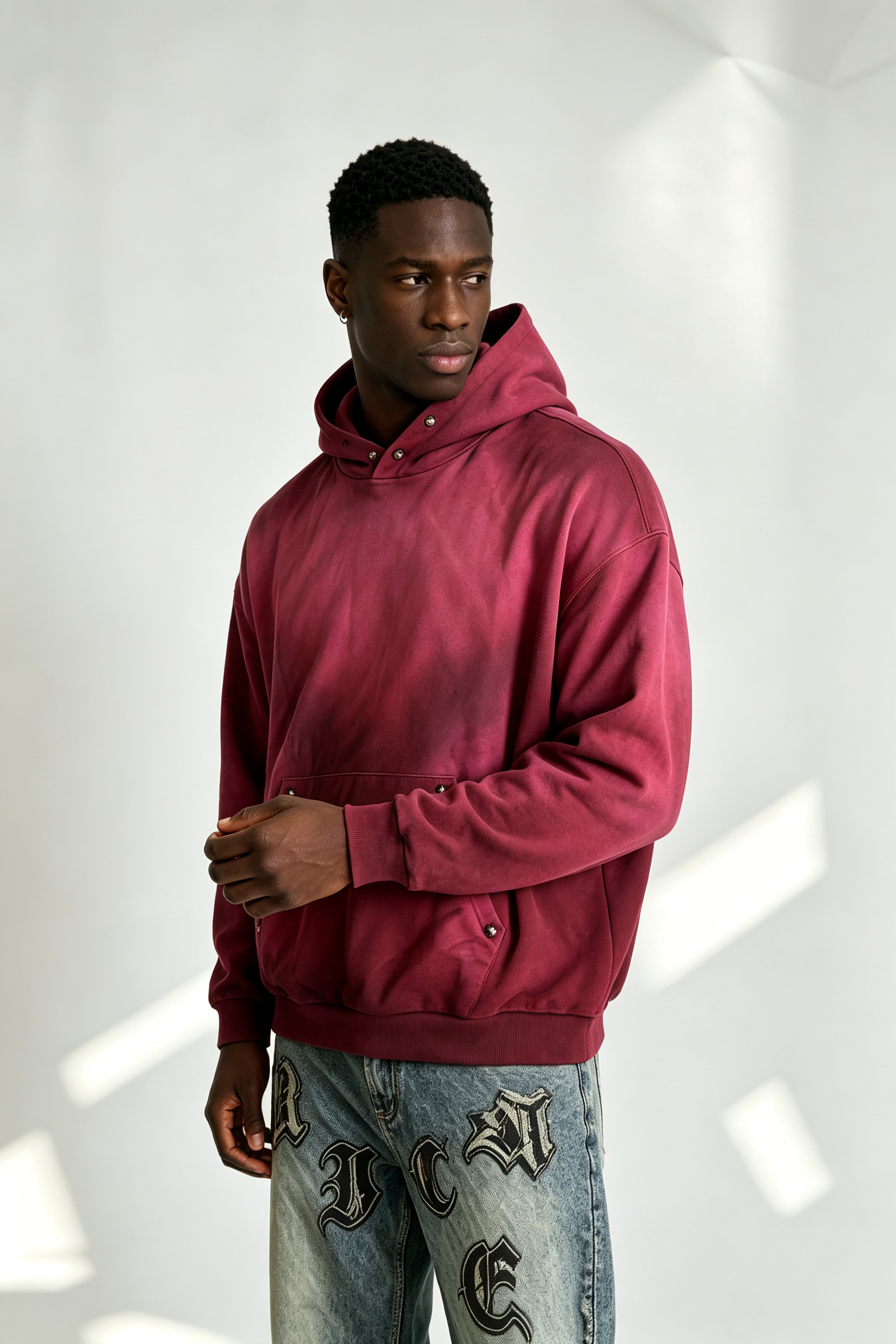 Custom Burgundy Gradient Sun Faded Hoodie | Men Oversized Vintage Washed Streetwear Hooded Sweatshirt