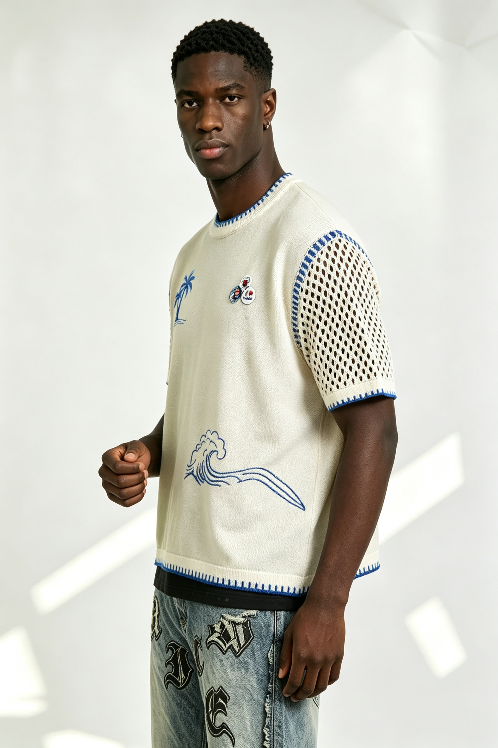 Custom Off-White Palm Tree Wave Embroidery Mesh Sleeve Knit Sweater | Men Boxy Oversized Coastal Short Sleeve Top