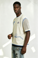 Custom Off-White Palm Tree Wave Embroidery Mesh Sleeve Knit Sweater | Men Boxy Oversized Coastal Short Sleeve Top