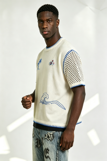 Custom Off-White Palm Tree Wave Embroidery Mesh Sleeve Knit Sweater | Men Boxy Oversized Coastal Short Sleeve Top