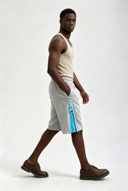 Custom Heather Grey Side Zip Contrast Liner Sweat Shorts | Men Oversized Streetwear Knee Length French Terry Shorts
