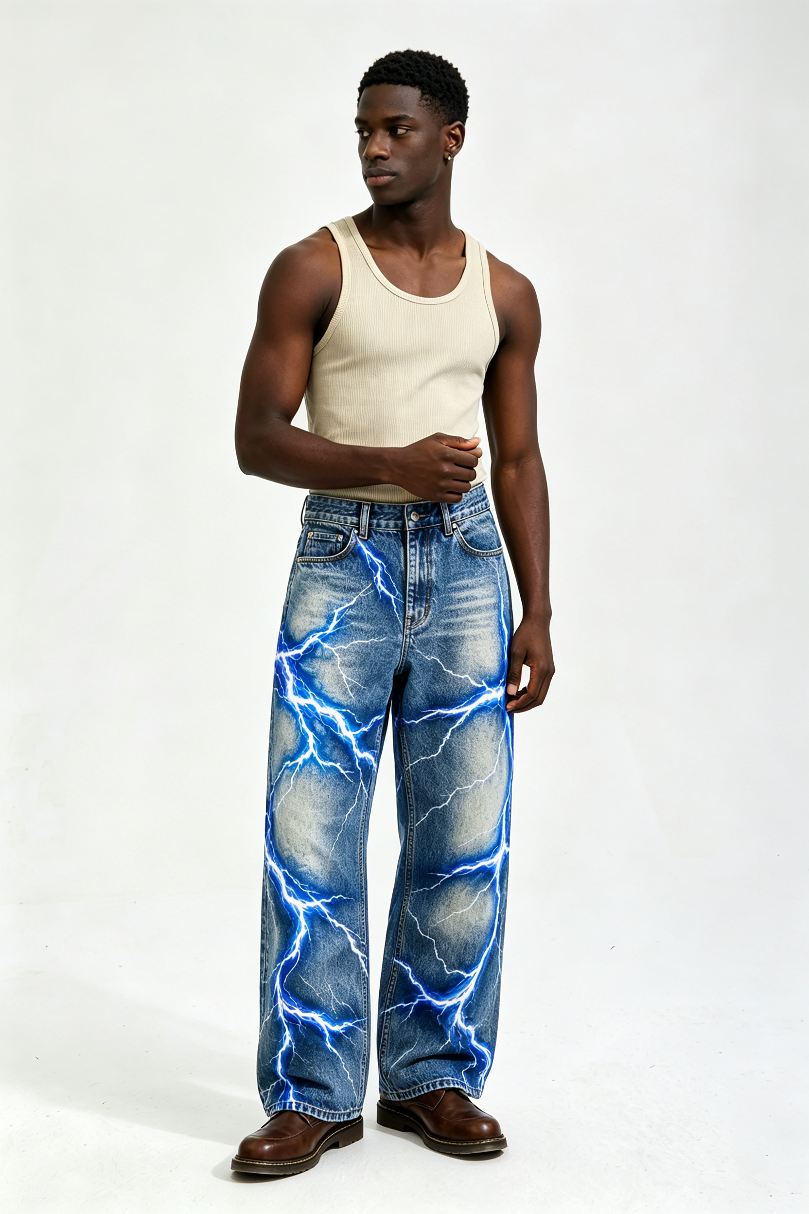 Custom Vintage Washed Blue Lightning Graphic Print Baggy Wide Leg Jeans | Men Y2K Streetwear Denim Pants