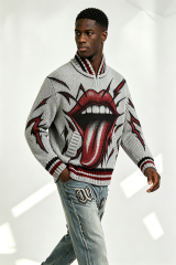 Custom Grey Chunky Knit Half Zip Sweater with Big Mouth Tongue Jacquard | Men Retro Punk Streetwear Pullover