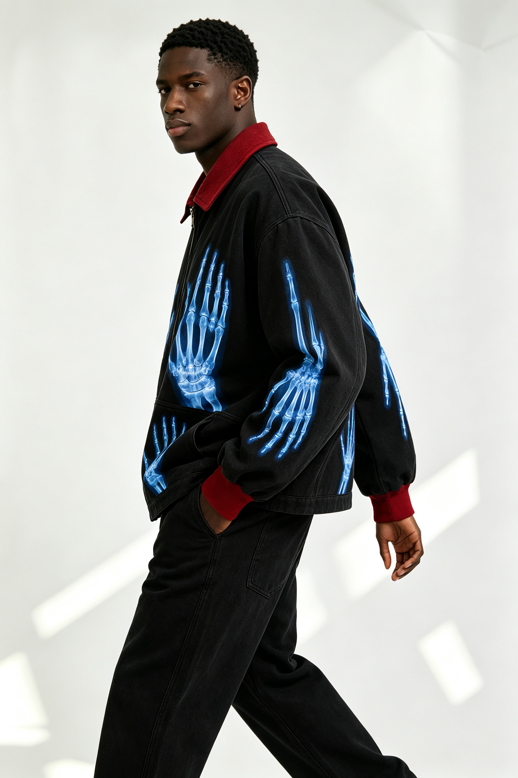 Custom Black Work Jacket with Red Contrast Collar & Blue X-Ray Skeleton Hand Print | Men Gothic Streetwear Zip Canvas Jacket
