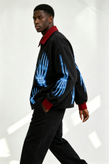 Custom Black Work Jacket with Red Contrast Collar & Blue X-Ray Skeleton Hand Print | Men Gothic Streetwear Zip Canvas Jacket