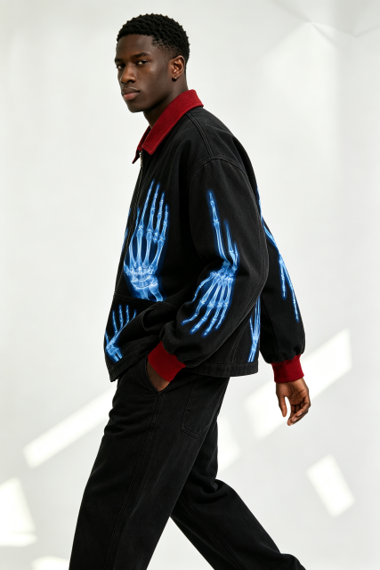 Custom Black Work Jacket with Red Contrast Collar & Blue X-Ray Skeleton Hand Print | Men Gothic Streetwear Zip Canvas Jacket