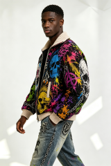 Custom Multicolor Skull Graffiti Tapestry Jacquard Zip Bomber Jacket | Men Punk "Chaos Crew" Streetwear Outerwear