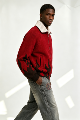 Custom Red Full Zip Knit Jacket with Black Flame Jacquard | Men Y2K Streetwear Boxy Knitted Outerwear