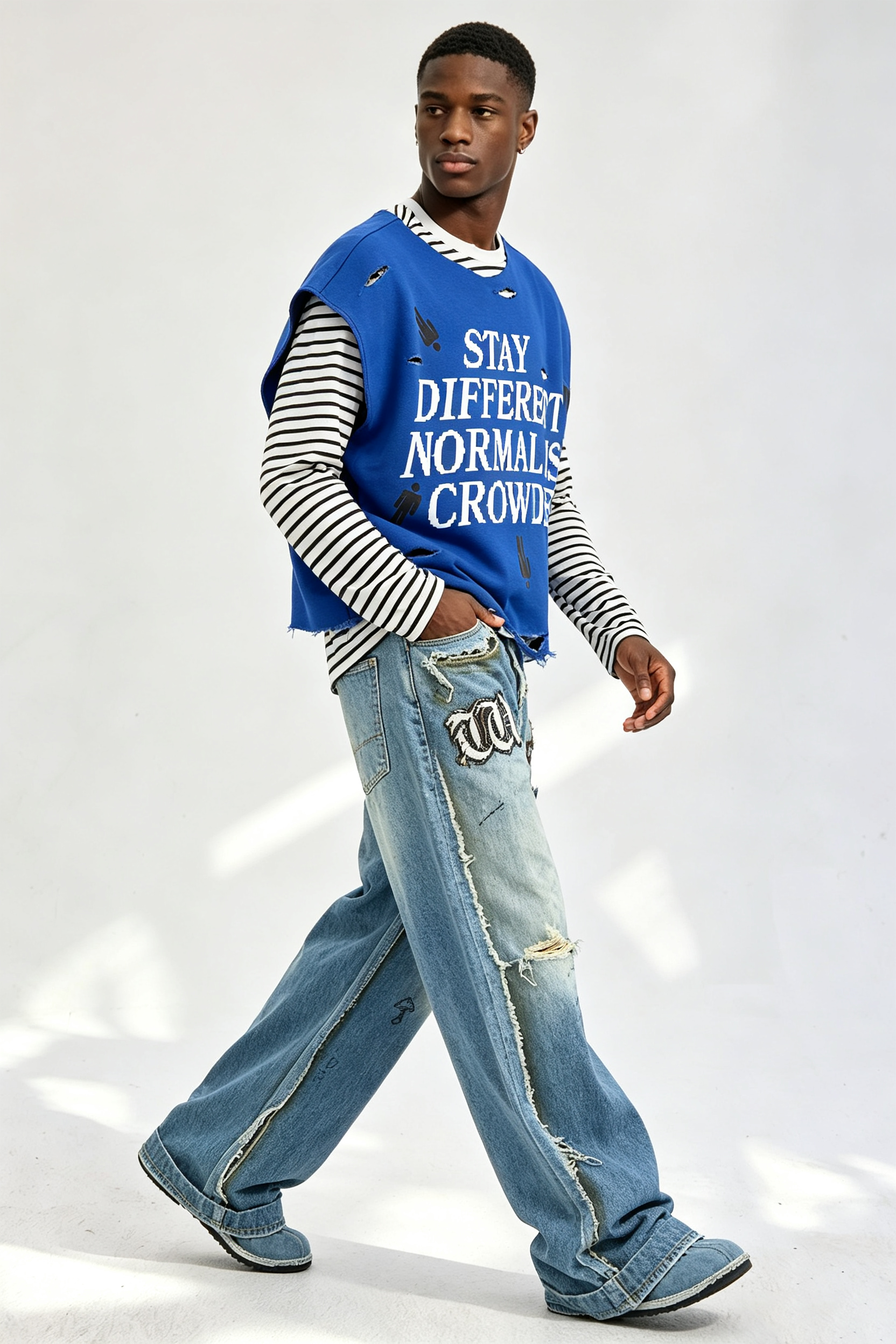 Custom "Stay Different" Pixel Slogan Distressed Layered Look Long‑Sleeve Tee | Men Oversized Fake‑2‑Piece Streetwear Top