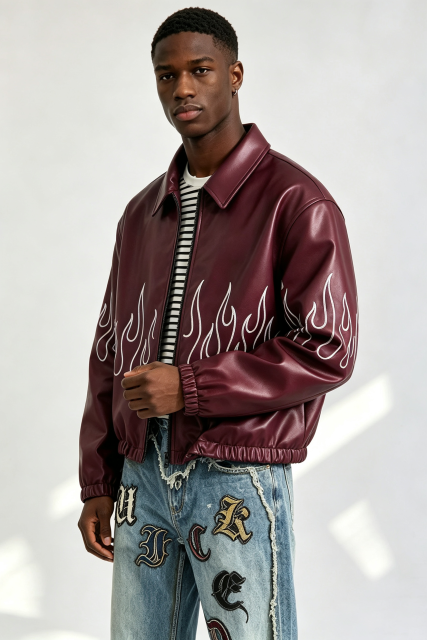 Custom Burgundy Faux Leather Flame Outline Embroidered Zip Jacket | Men Oversized Cropped Streetwear Bomber