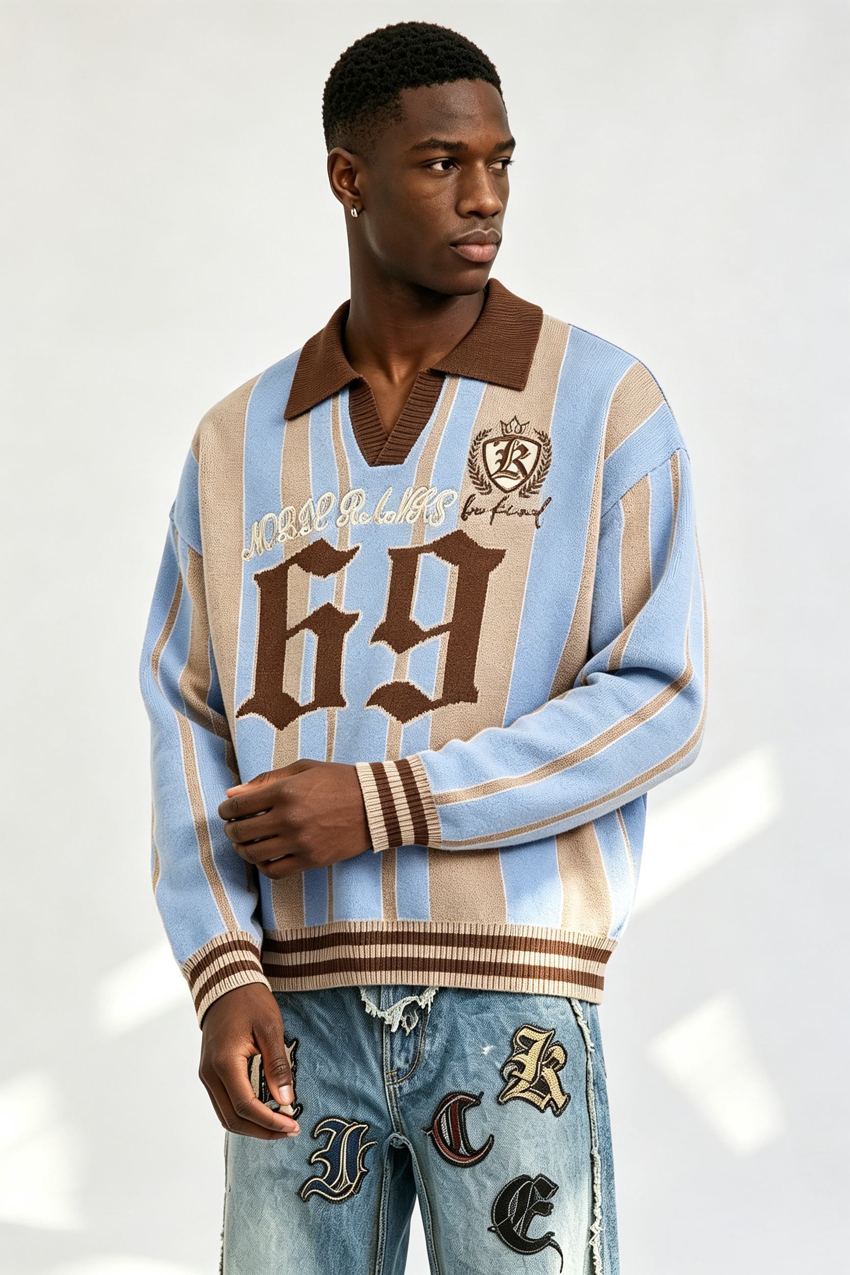 Custom Retro Striped Polo Collar Knit Sweater | Men Gothic Number 69 Crest Embroidered Oversized Streetwear Jumper